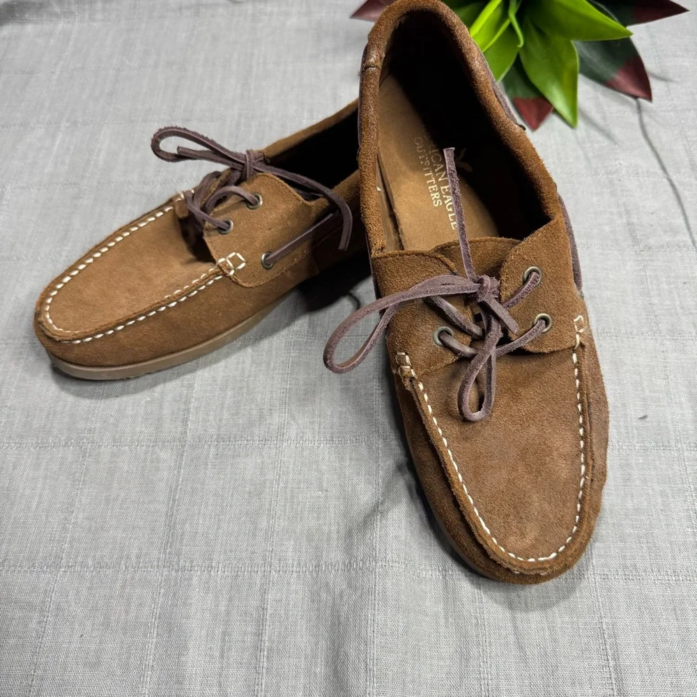 American Eagle Men’s Suede Boat Shoes Brown Leather Lace Moc Toe Loafers Sz 8